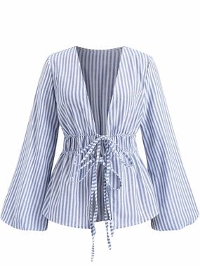 SHEIN NWOT V-Neck Tie-Front Striped Blouse